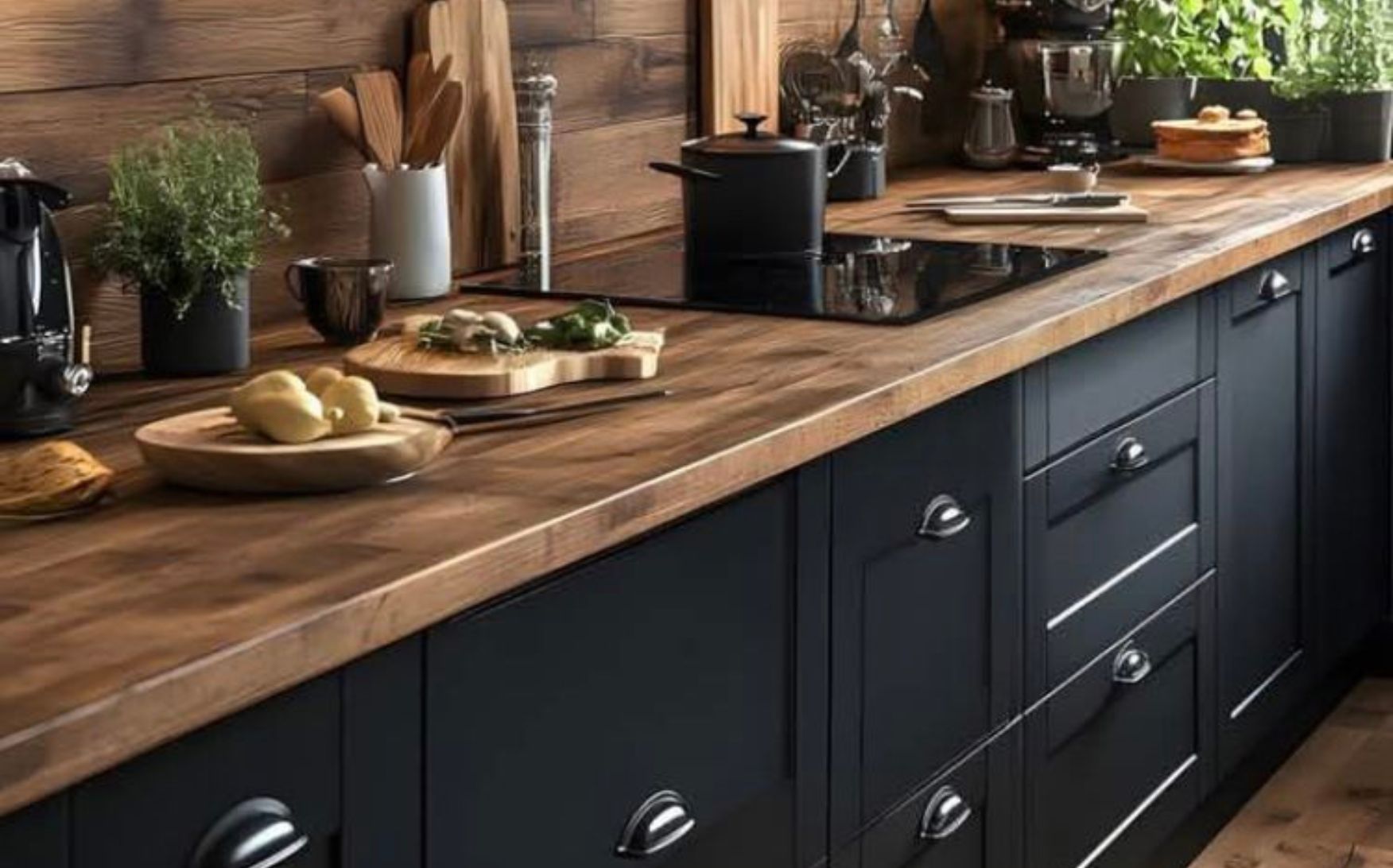 Butcher Block Countertops with Black Kitchen Cabinets