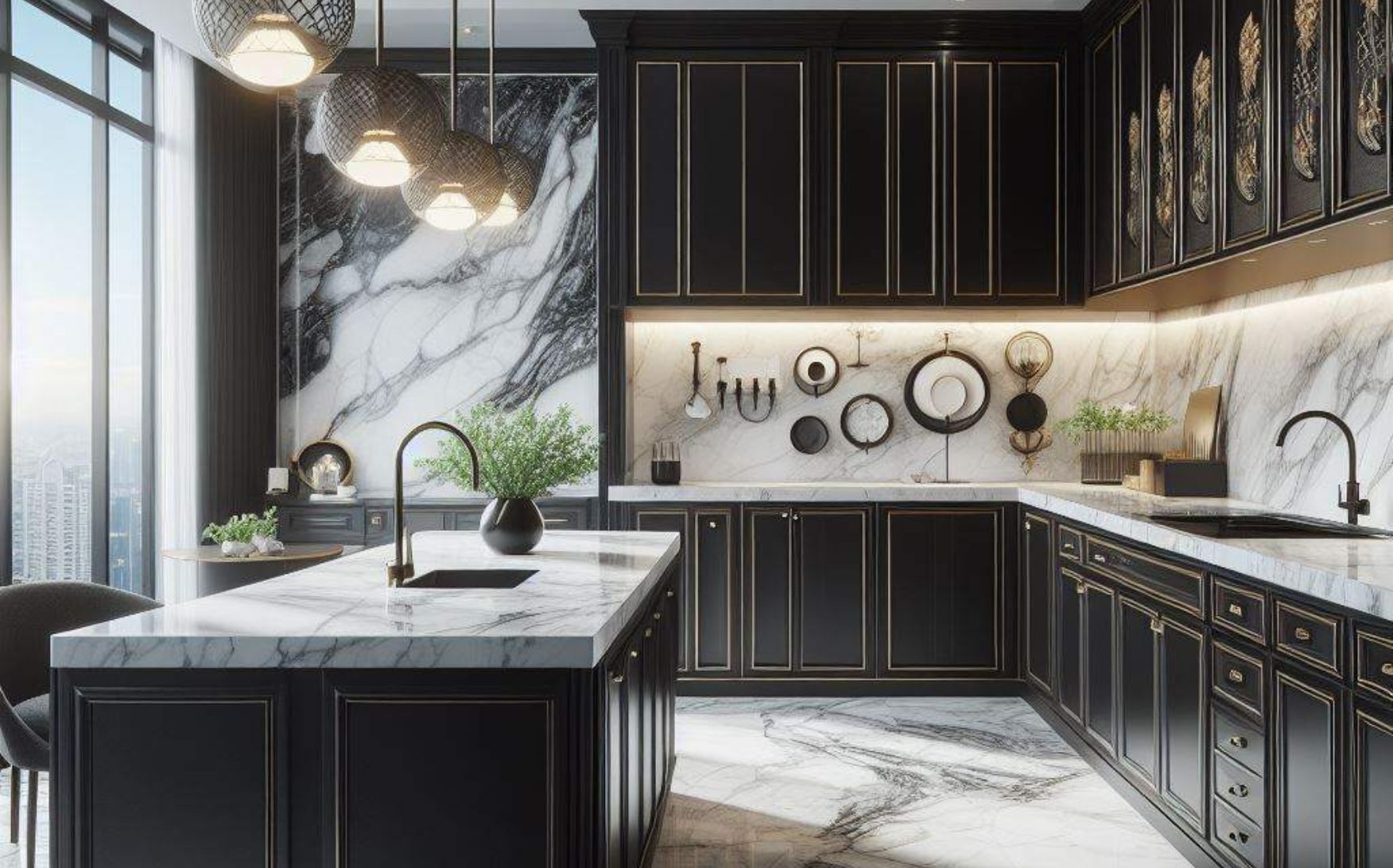 Marble Countertops with Black Cabinets